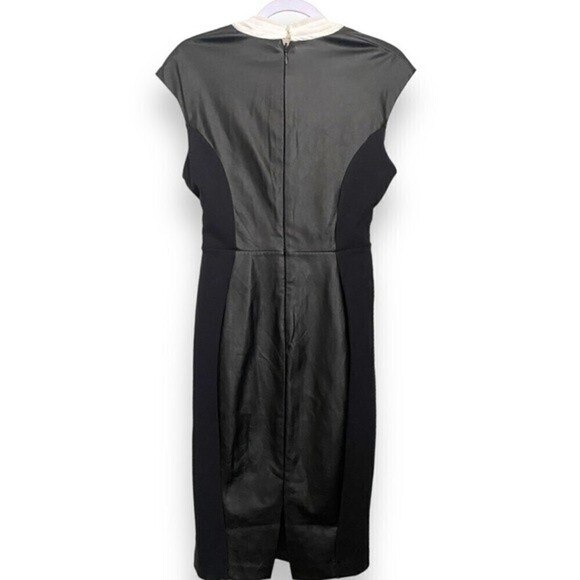 New York & Company Faux Leather Front Bow V-Neck Sleeveless Black Cocktail Dress - Picture 9 of 10